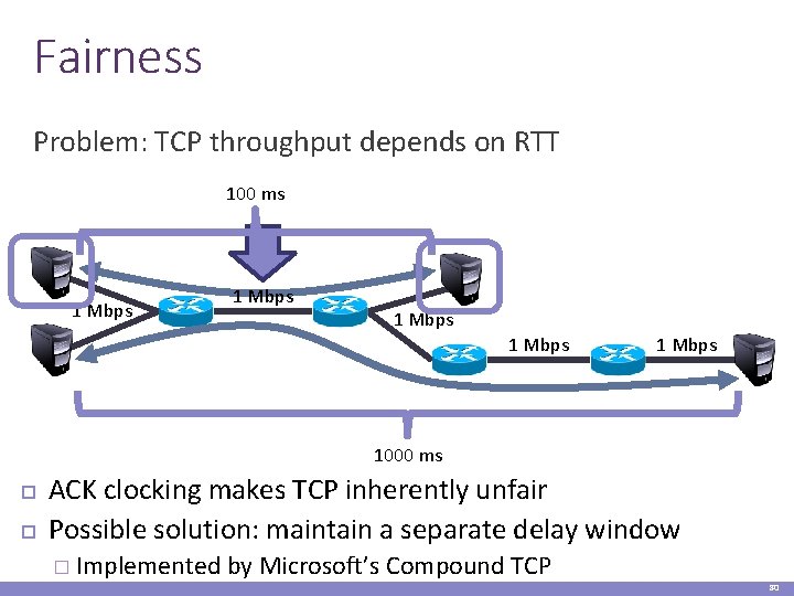 Fairness Problem: TCP throughput depends on RTT 100 ms 1 Mbps 1 Mbps 1000
