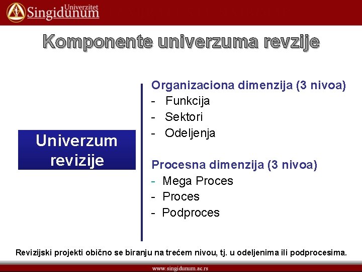 Komponente univerzuma revzije Univerzum revizije Organizaciona dimenzija (3 nivoa) - Funkcija - Sektori -