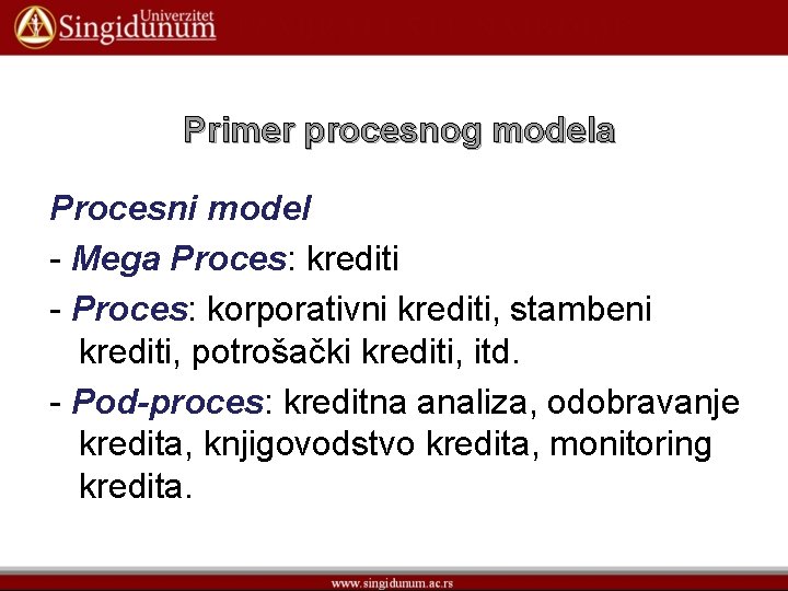 Primer procesnog modela Procesni model - Mega Proces: krediti - Proces: korporativni krediti, stambeni