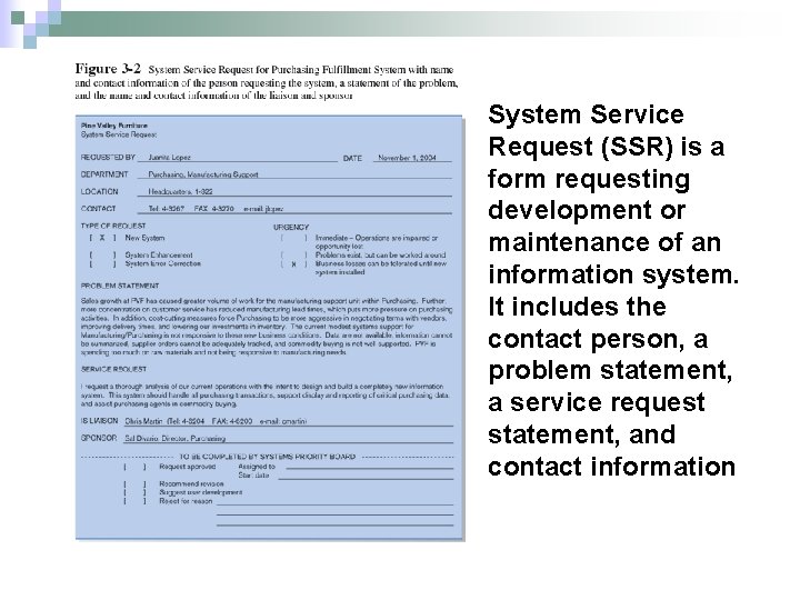 System Service Request (SSR) is a form requesting development or maintenance of an information