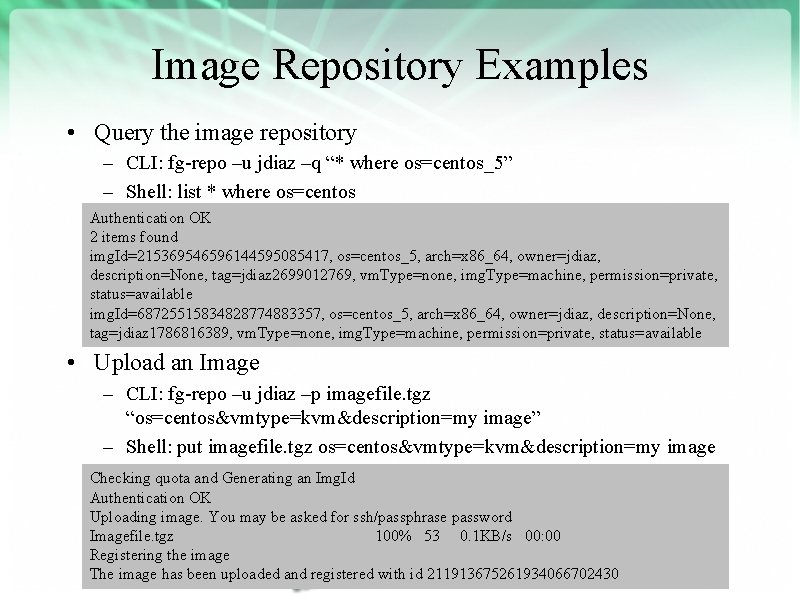 Image Repository Examples • Query the image repository – CLI: fg-repo –u jdiaz –q