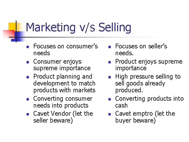 Marketing v/s Selling n n n Focuses on consumer’s needs Consumer enjoys supreme importance