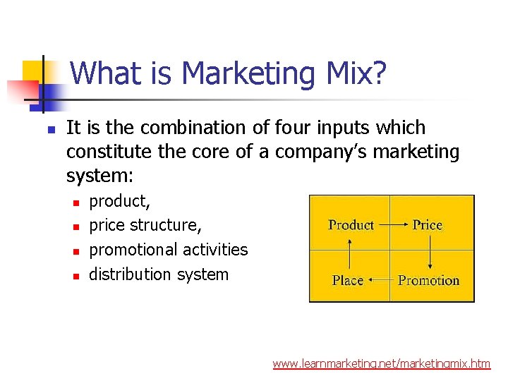 What is Marketing Mix? n It is the combination of four inputs which constitute