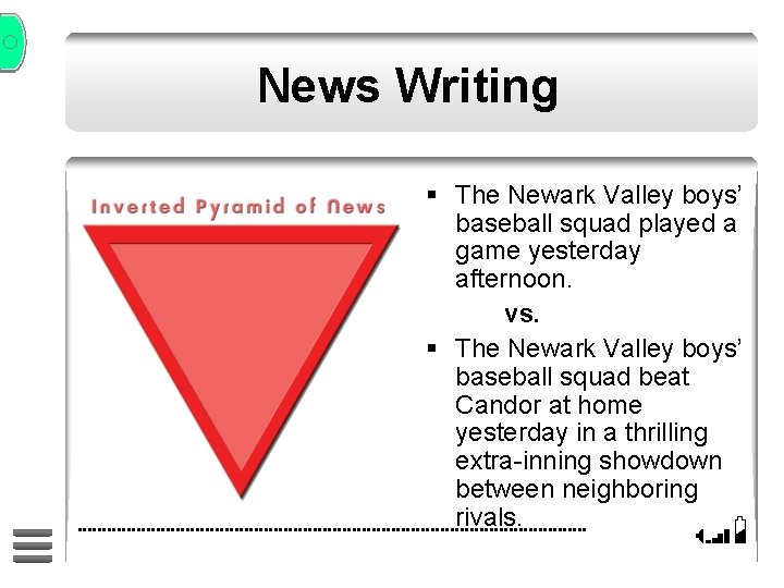 News Writing § The Newark Valley boys’ baseball squad played a game yesterday afternoon.