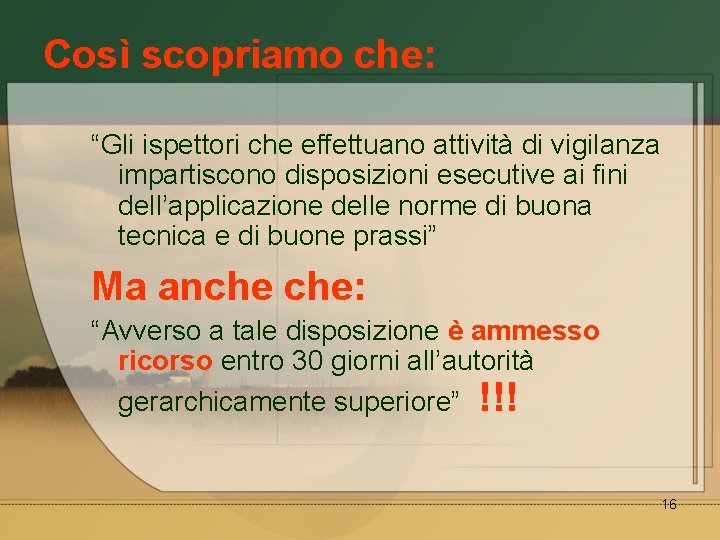 Così scopriamo che: “Gli ispettori che effettuano attività di vigilanza impartiscono disposizioni esecutive ai