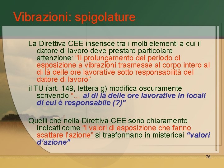 Vibrazioni: spigolature La Direttiva CEE inserisce tra i molti elementi a cui il datore