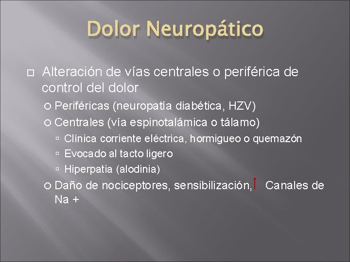 Dolor Neuropático Alteración de vías centrales o periférica de control del dolor Periféricas (neuropatía Dolor Neuropático Alteración de vías centrales o periférica de control del dolor Periféricas (neuropatía