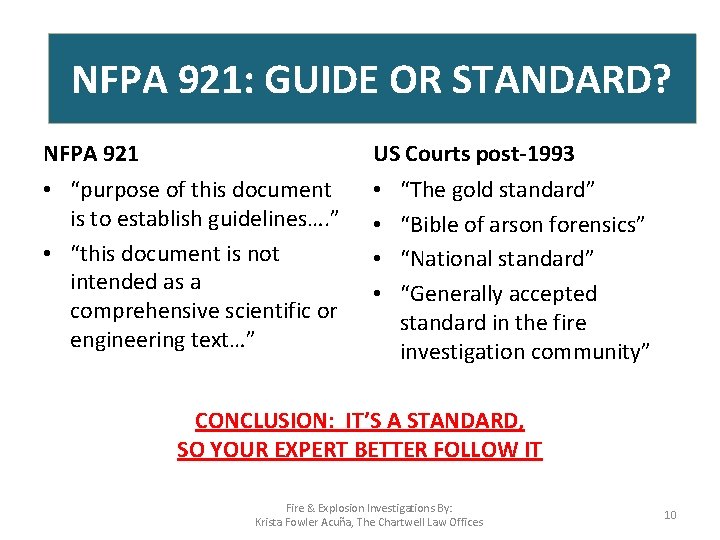 NFPA 921: GUIDE OR STANDARD? NFPA 921 US Courts post-1993 • “purpose of this