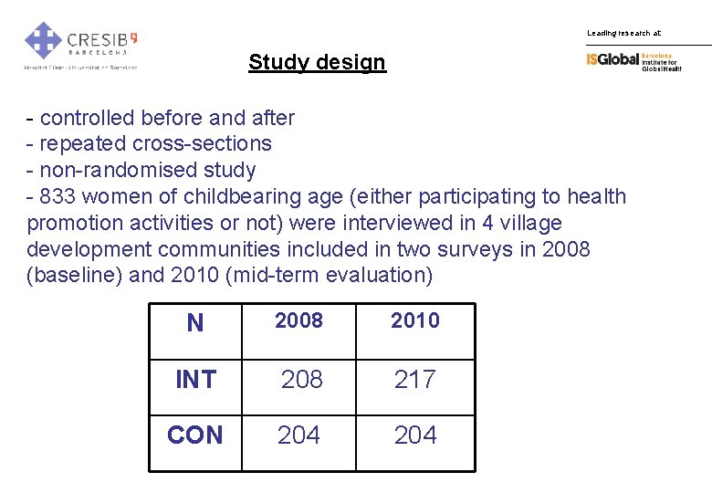 Leading research at: Study design - controlled before and after - repeated cross-sections -