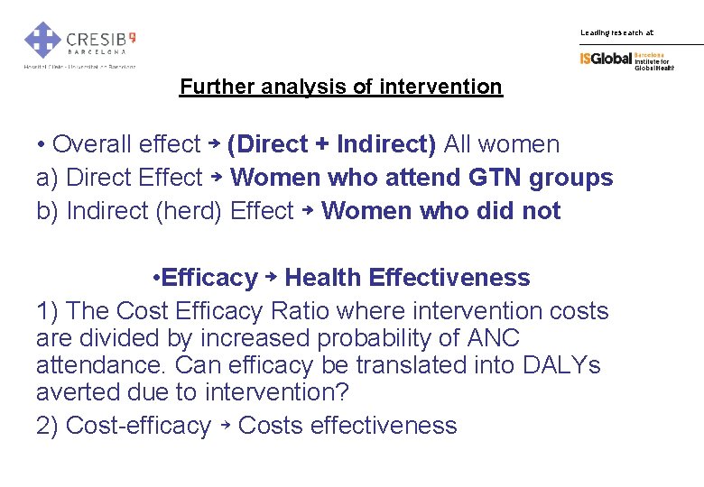 Leading research at: Further analysis of intervention • Overall effect ￫ (Direct + Indirect)