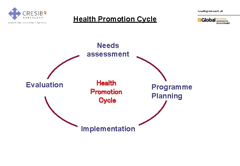 Leading research at: Health Promotion Cycle Needs assessment Evaluation Health Promotion Cycle Implementation Programme