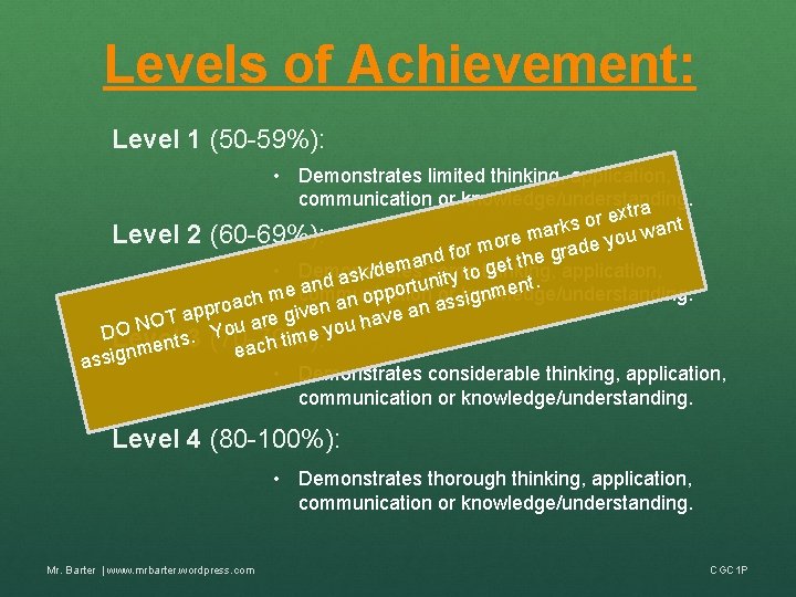 Levels of Achievement: Level 1 (50 -59%): • Demonstrates limited thinking, application, communication or