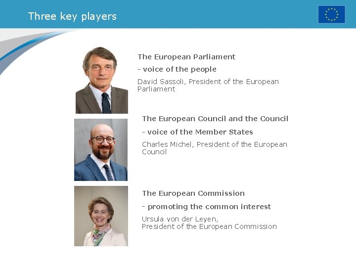 Three key players The European Parliament - voice of the people David Sassoli, President