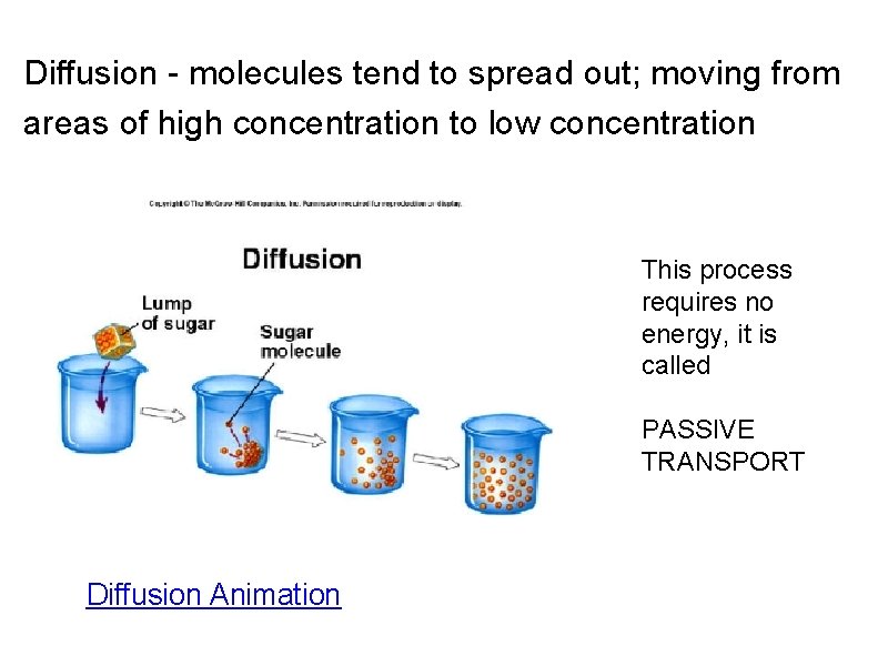 Diffusion - molecules tend to spread out; moving from areas of high concentration to