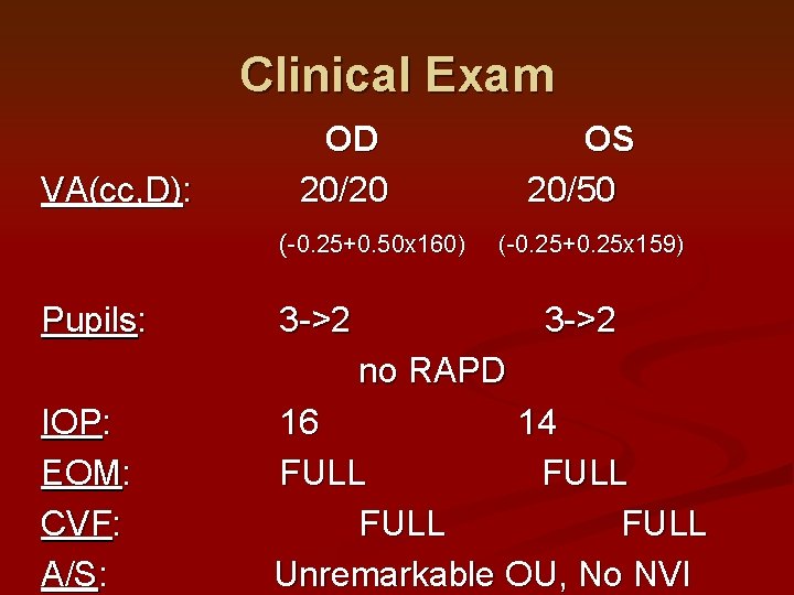 Clinical Exam VA(cc, D): OD 20/20 (-0. 25+0. 50 x 160) Pupils: OS 20/50 Clinical Exam VA(cc, D): OD 20/20 (-0. 25+0. 50 x 160) Pupils: OS 20/50