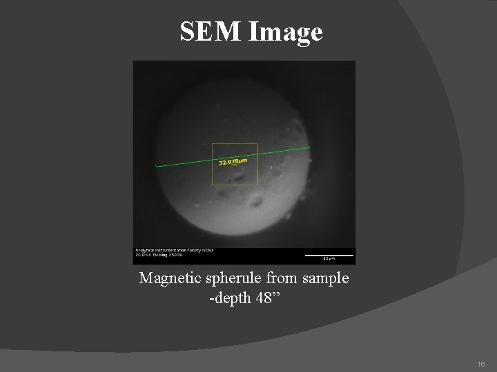SEM Image Magnetic spherule from sample -depth 48” 16 