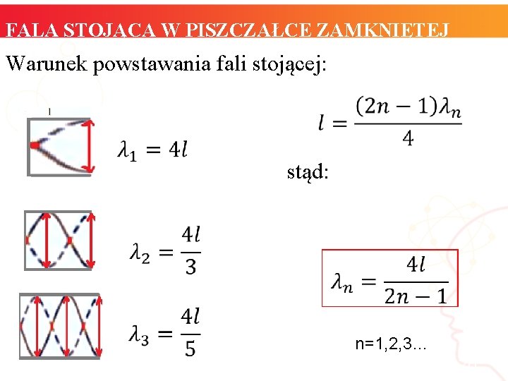 FALA STOJĄCA W PISZCZAŁCE ZAMKNIĘTEJ Warunek powstawania fali stojącej: stąd: n=1, 2, 3… 20