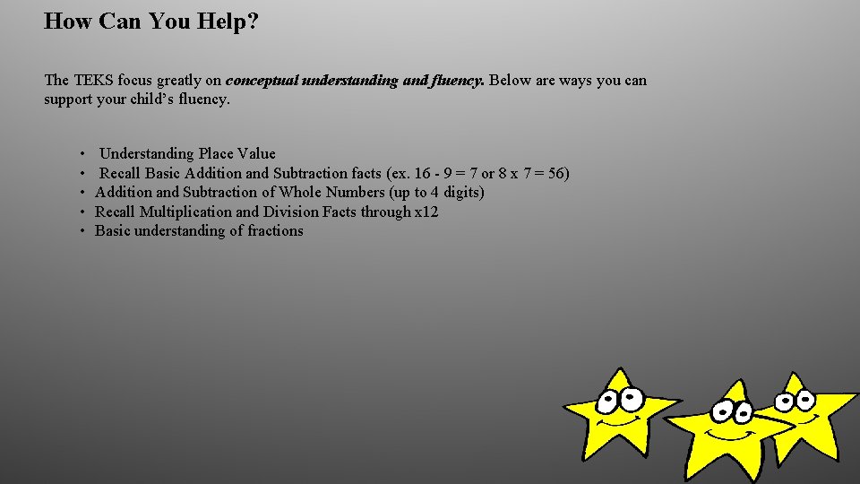 How Can You Help? The TEKS focus greatly on conceptual understanding and fluency. Below