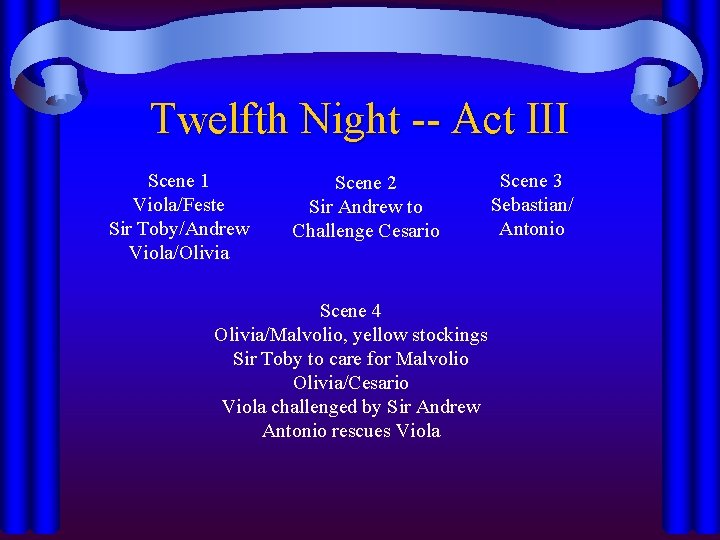 Twelfth Night -- Act III Scene 1 Viola/Feste Sir Toby/Andrew Viola/Olivia Scene 2 Sir