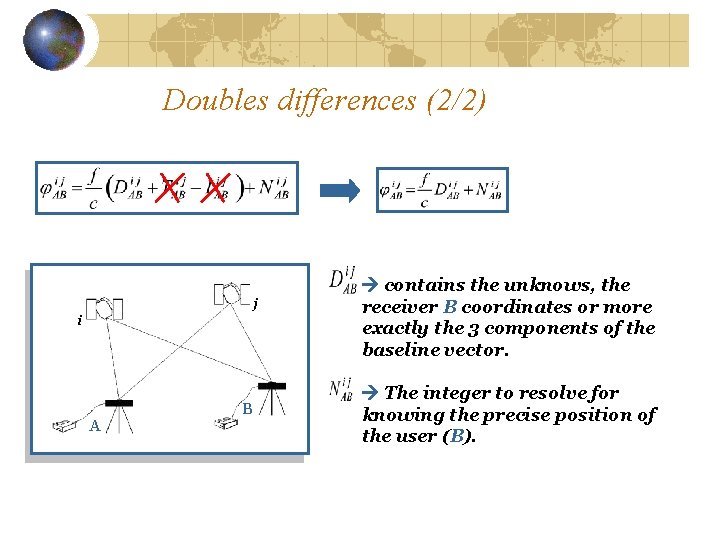 Doubles differences (2/2) j i A B contains the unknows, the receiver B coordinates