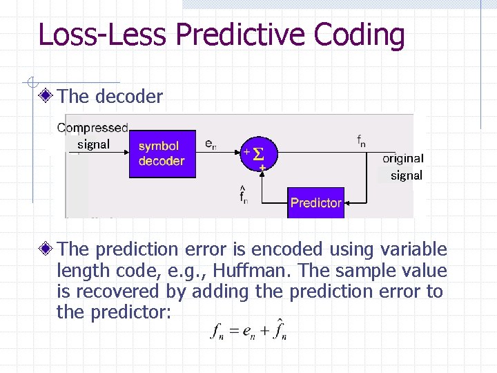 Loss-Less Predictive Coding The decoder signal The prediction error is encoded using variable length