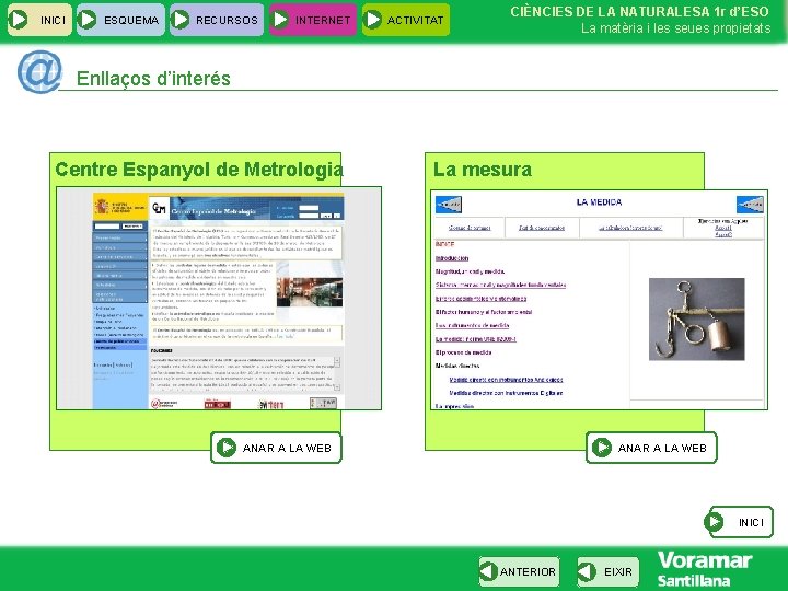 INICI ESQUEMA RECURSOS INTERNET ACTIVITAT CIÈNCIES DE LA NATURALESA 1 r d’ESO La matèria INICI ESQUEMA RECURSOS INTERNET ACTIVITAT CIÈNCIES DE LA NATURALESA 1 r d’ESO La matèria