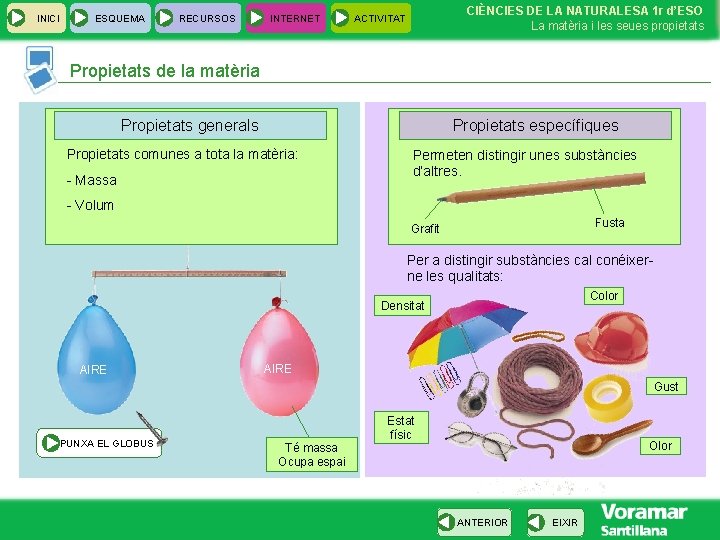 INICI ESQUEMA RECURSOS INTERNET CIÈNCIES DE LA NATURALESA 1 r d’ESO La matèria i INICI ESQUEMA RECURSOS INTERNET CIÈNCIES DE LA NATURALESA 1 r d’ESO La matèria i