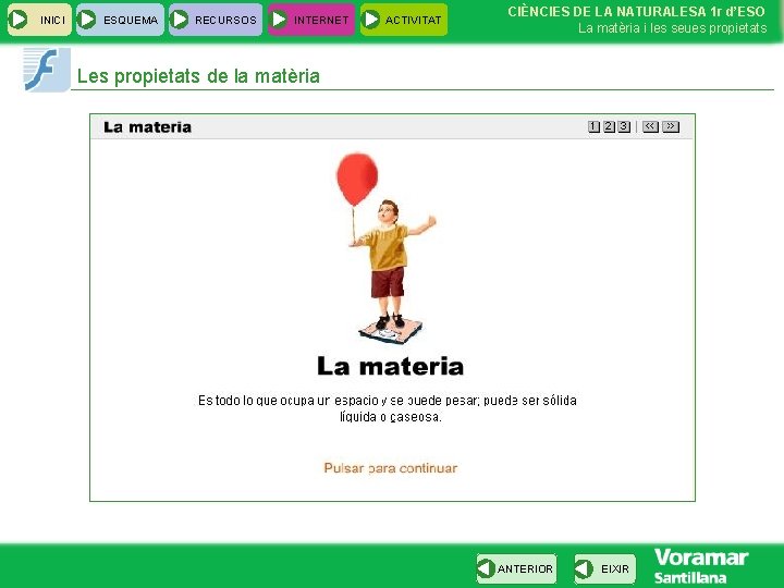 INICI ESQUEMA RECURSOS INTERNET ACTIVITAT CIÈNCIES DE LA NATURALESA 1 r d’ESO La matèria INICI ESQUEMA RECURSOS INTERNET ACTIVITAT CIÈNCIES DE LA NATURALESA 1 r d’ESO La matèria