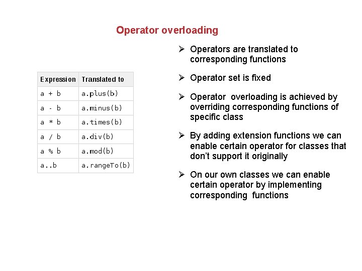 Operator overloading Operators are translated to corresponding functions Operator set is fixed Operator overloading