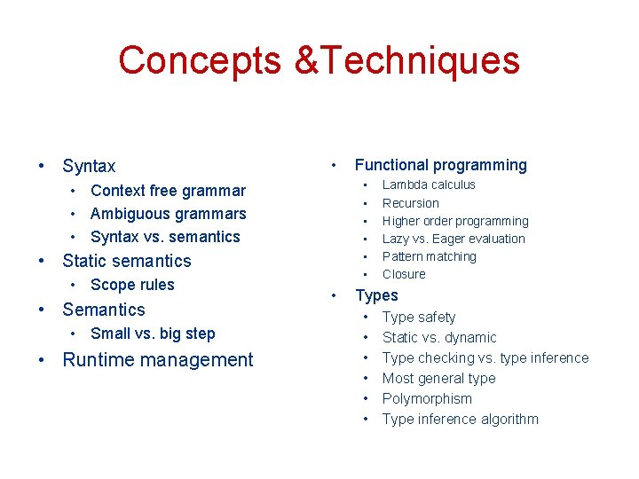 Concepts &Techniques • Syntax • • Context free grammar • Ambiguous grammars • Syntax