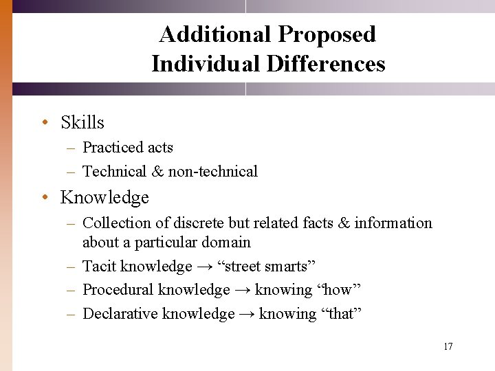Additional Proposed Individual Differences • Skills – Practiced acts – Technical & non-technical •