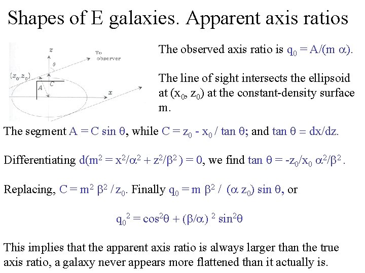 Shapes of E galaxies. Apparent axis ratios The observed axis ratio is q 0