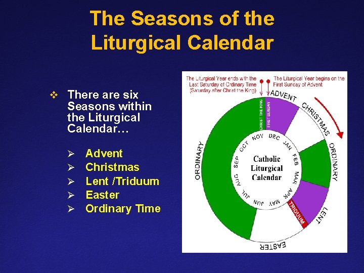 The Seasons of the Liturgical Calendar v There are six Seasons within the Liturgical