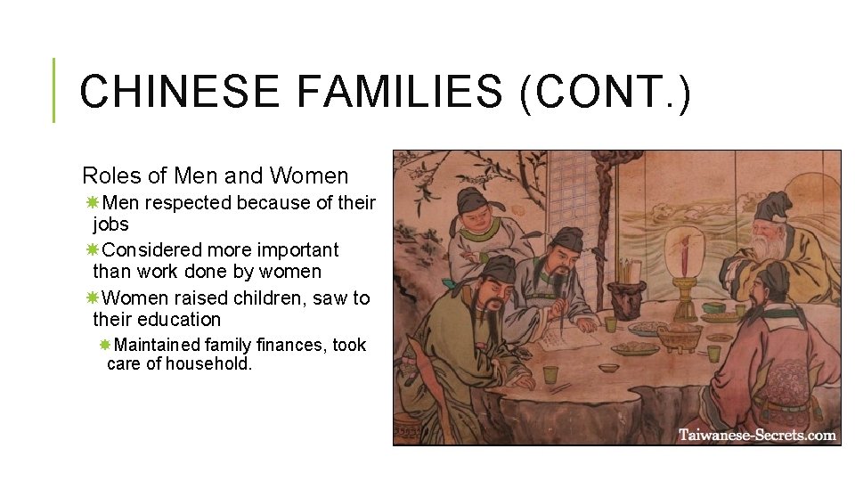 CHINESE FAMILIES (CONT. ) Roles of Men and Women Men respected because of their