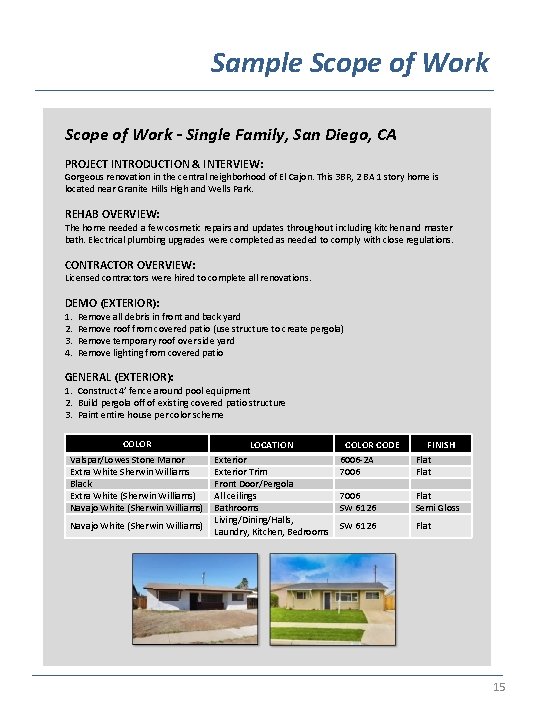 Sample Scope of Work - Single Family, San Diego, CA PROJECT INTRODUCTION & INTERVIEW: