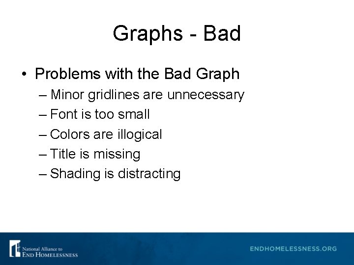 Graphs - Bad • Problems with the Bad Graph – Minor gridlines are unnecessary Graphs - Bad • Problems with the Bad Graph – Minor gridlines are unnecessary