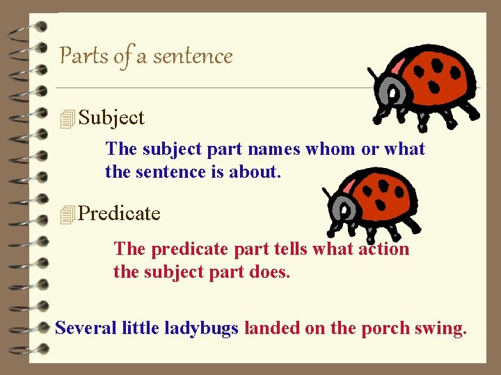 Parts of a sentence 4 Subject The subject part names whom or what the