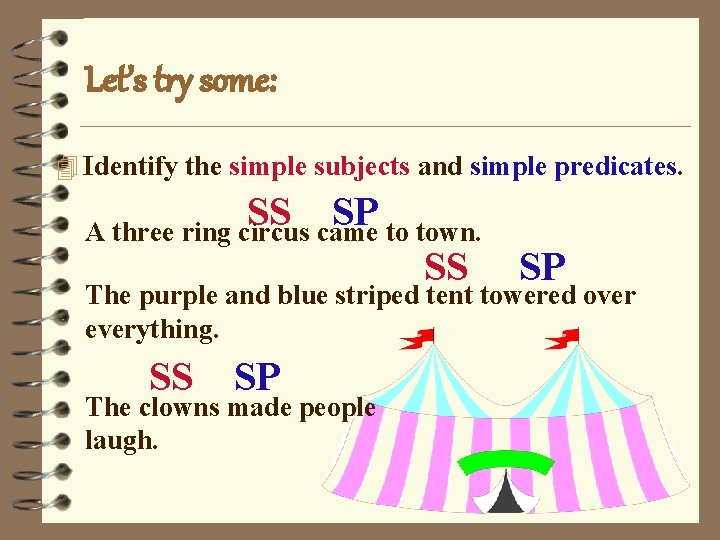 Let’s try some: 4 Identify the simple subjects and simple predicates. SS SP A