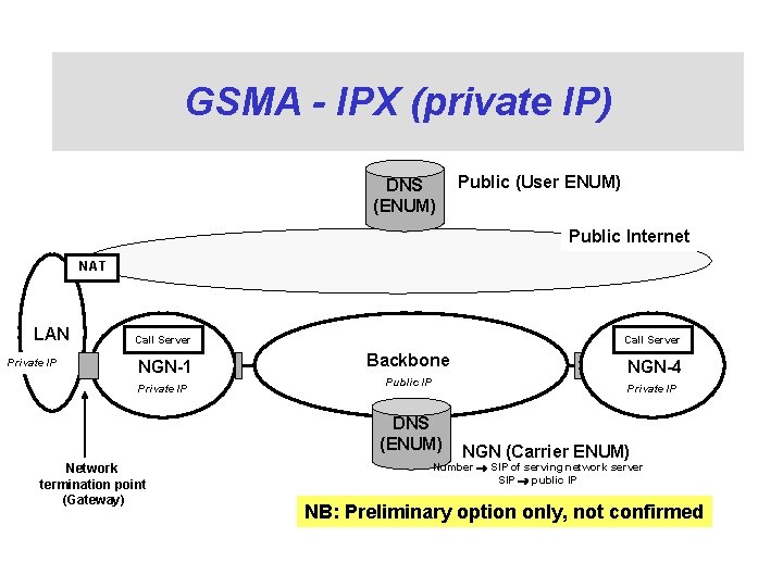 GSMA - IPX (private IP) DNS (ENUM) Public (User ENUM) Public Internet NAT LAN