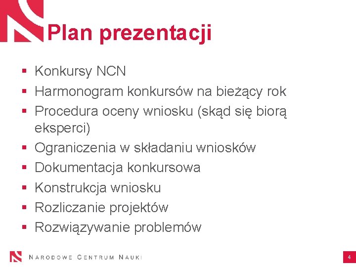 Plan prezentacji § Konkursy NCN § Harmonogram konkursów na bieżący rok § Procedura oceny