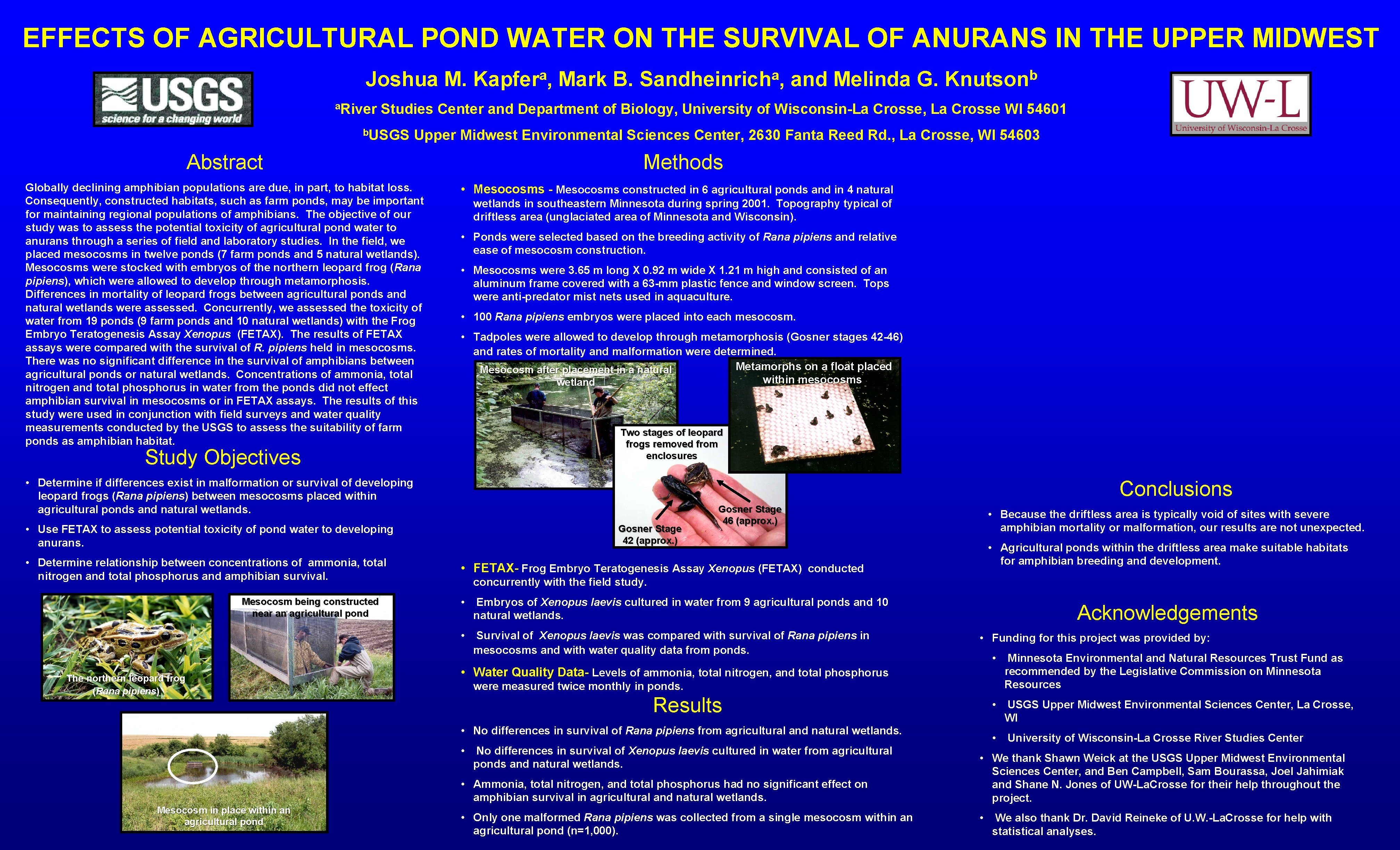 EFFECTS OF AGRICULTURAL POND WATER ON THE SURVIVAL OF ANURANS IN THE UPPER MIDWEST