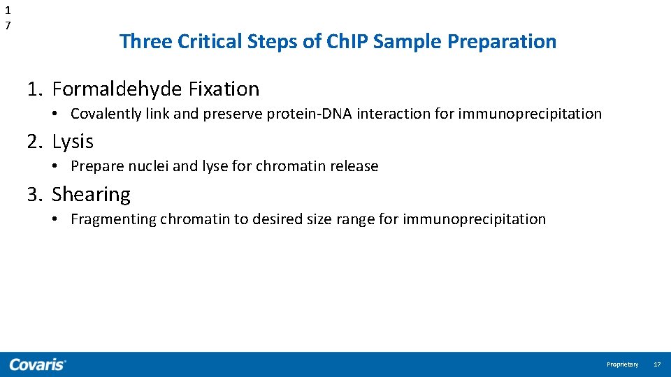 1 7 Three Critical Steps of Ch. IP Sample Preparation 1. Formaldehyde Fixation •