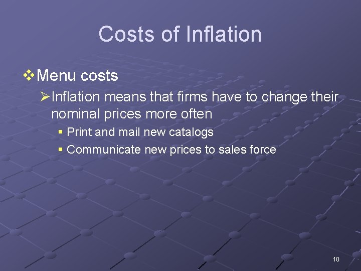 Costs of Inflation v. Menu costs ØInflation means that firms have to change their