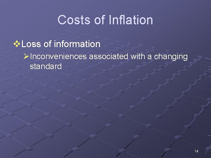 Costs of Inflation v. Loss of information ØInconveniences associated with a changing standard 14