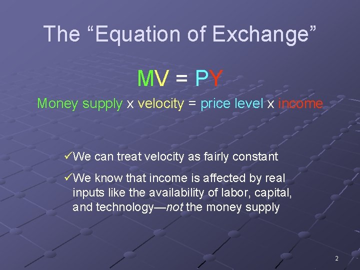 The “Equation of Exchange” MV = P Y Money supply x velocity = price