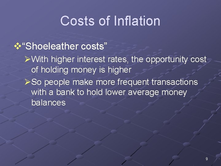 Costs of Inflation v“Shoeleather costs” ØWith higher interest rates, the opportunity cost of holding