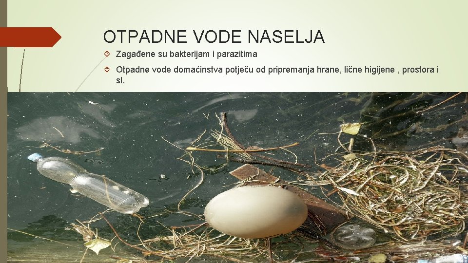 OTPADNE VODE NASELJA Zagađene su bakterijam i parazitima Otpadne vode domaćinstva potječu od pripremanja