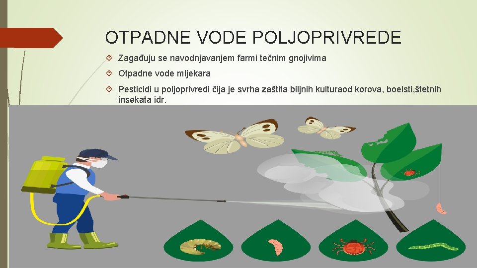 OTPADNE VODE POLJOPRIVREDE Zagađuju se navodnjavanjem farmi tečnim gnojivima Otpadne vode mljekara Pesticidi u