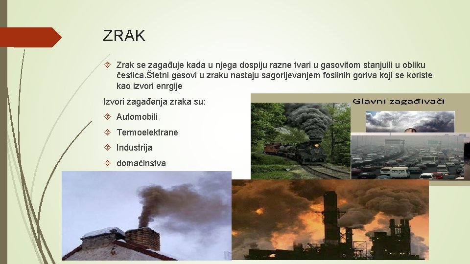 ZRAK Zrak se zagađuje kada u njega dospiju razne tvari u gasovitom stanjuili u