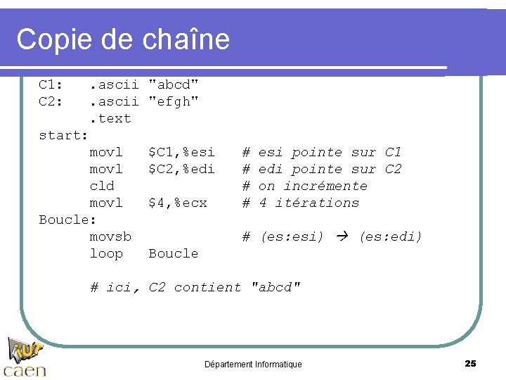 Copie de chaîne C 1: C 2: . ascii. text start: movl cld movl